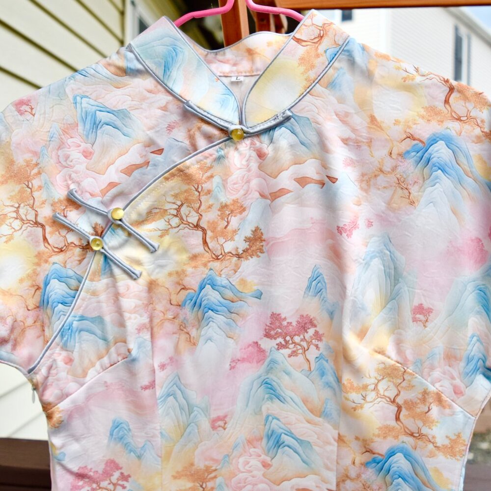 Pink Mountain Printed Landscape Qipao Long Dress - Chinese Traditional Cheongsam